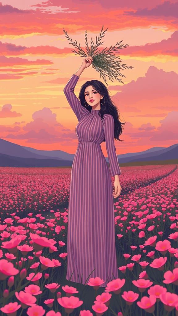 Serene Woman in a Pink Floral Landscape