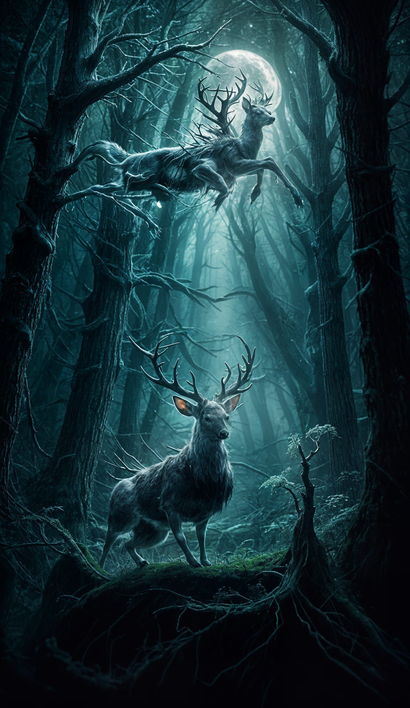 Mysterious Deer in Shadowy Forest with Glowing Eyes