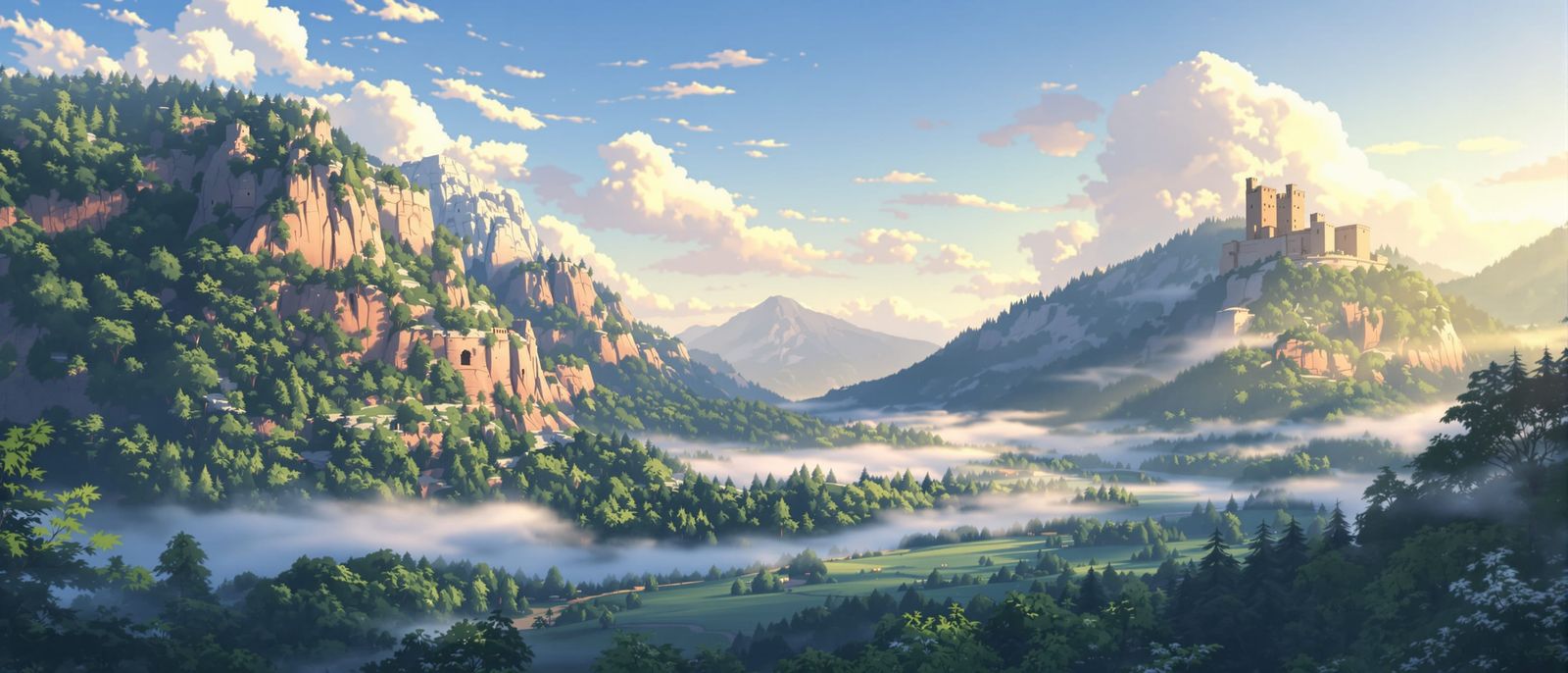 Peaceful Dawn Valley with Medieval Ruins