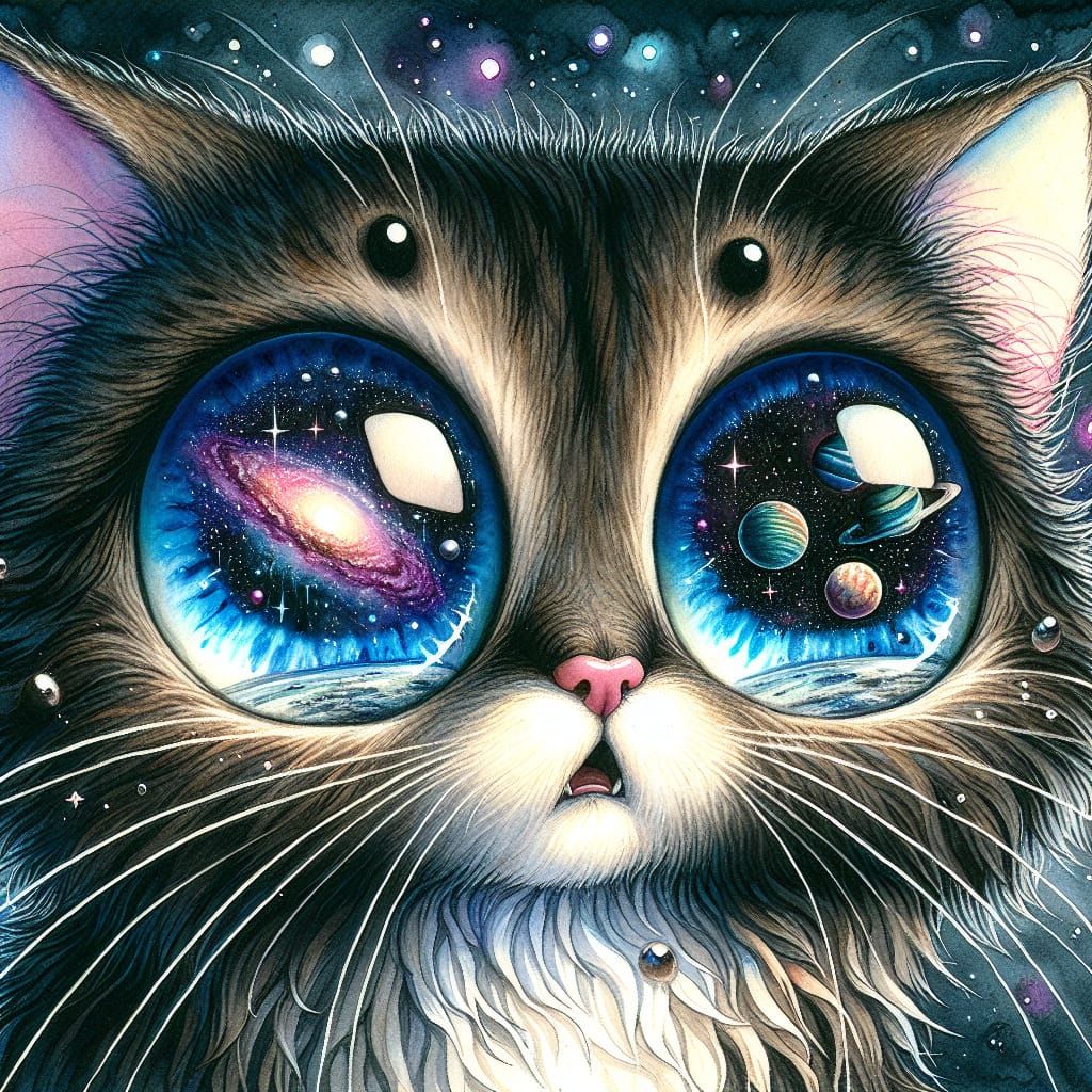 Starry Eyed Chibi Cat in Vintage Watercolor