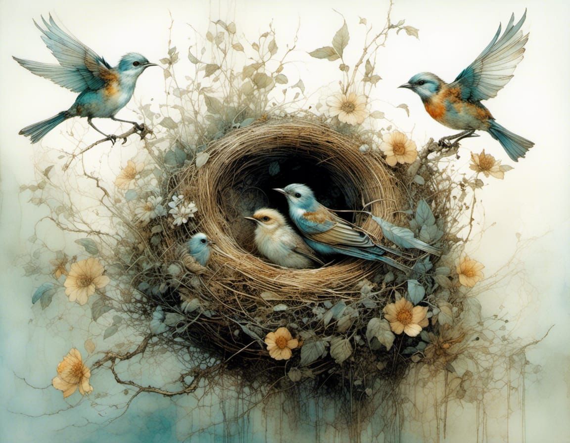 Bird Nest in Blooming Garden: Detailed Watercolor Art
