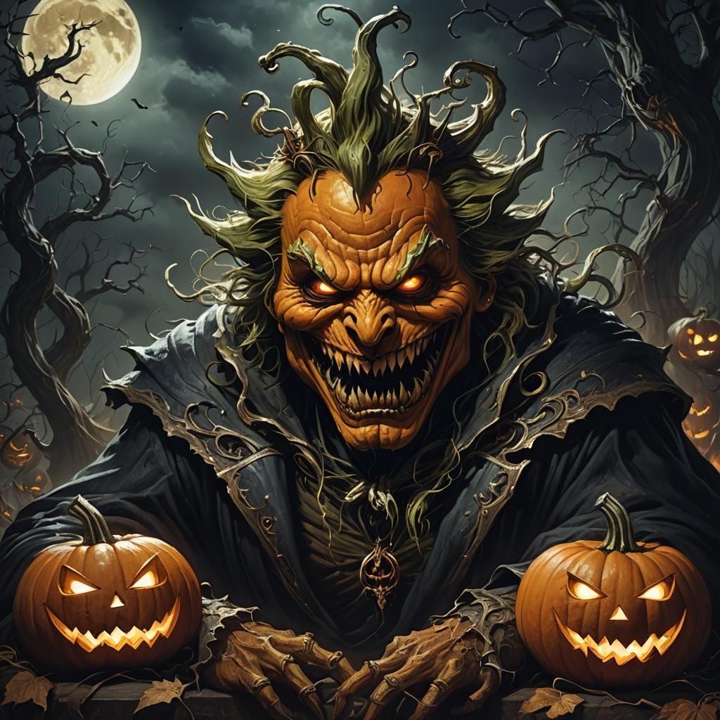 Pumpkin King with Eerie Moonlight, Dark Fantasy Art