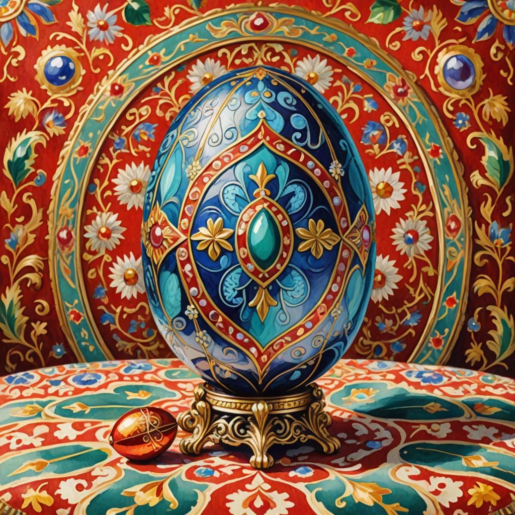 Ethereal Faberge Egg on Ornate Tablecloth in Vibrant Impress...