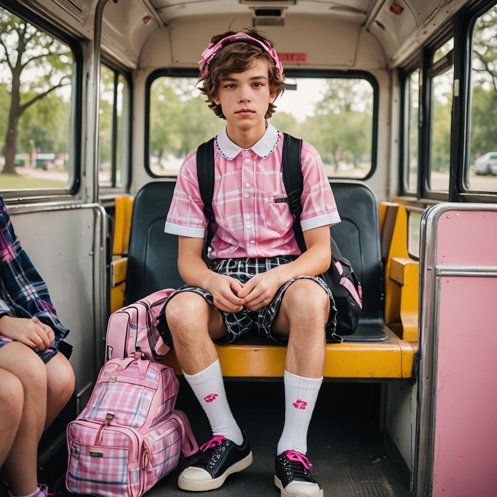 Teenage Boy in Pink Dress on School Bus