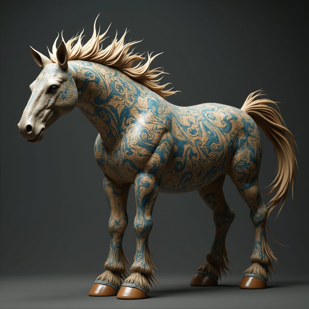 Celtic Horse with Intricate Tattoos in Cyberpunk Aesthetic