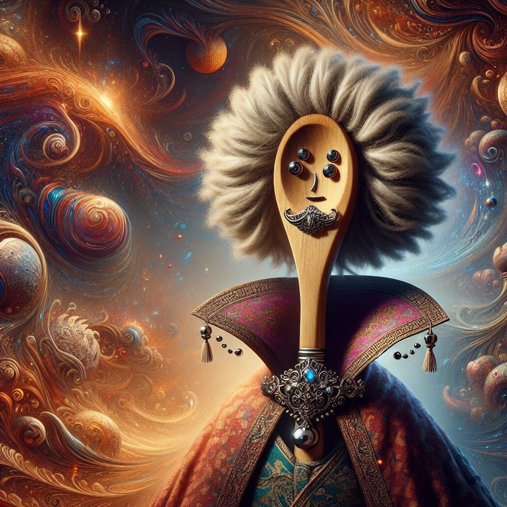 Whimsical Wooden Spoon with Wig: Fantasy Art