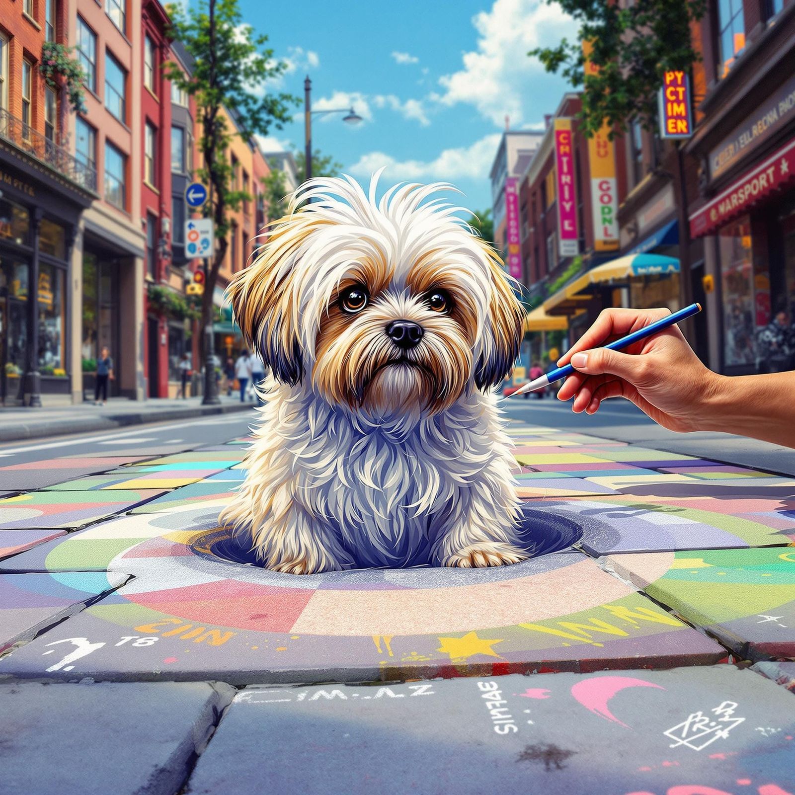 Hyperrealistic Chalk Art: Havanese Dog Emerging from Sidewal...