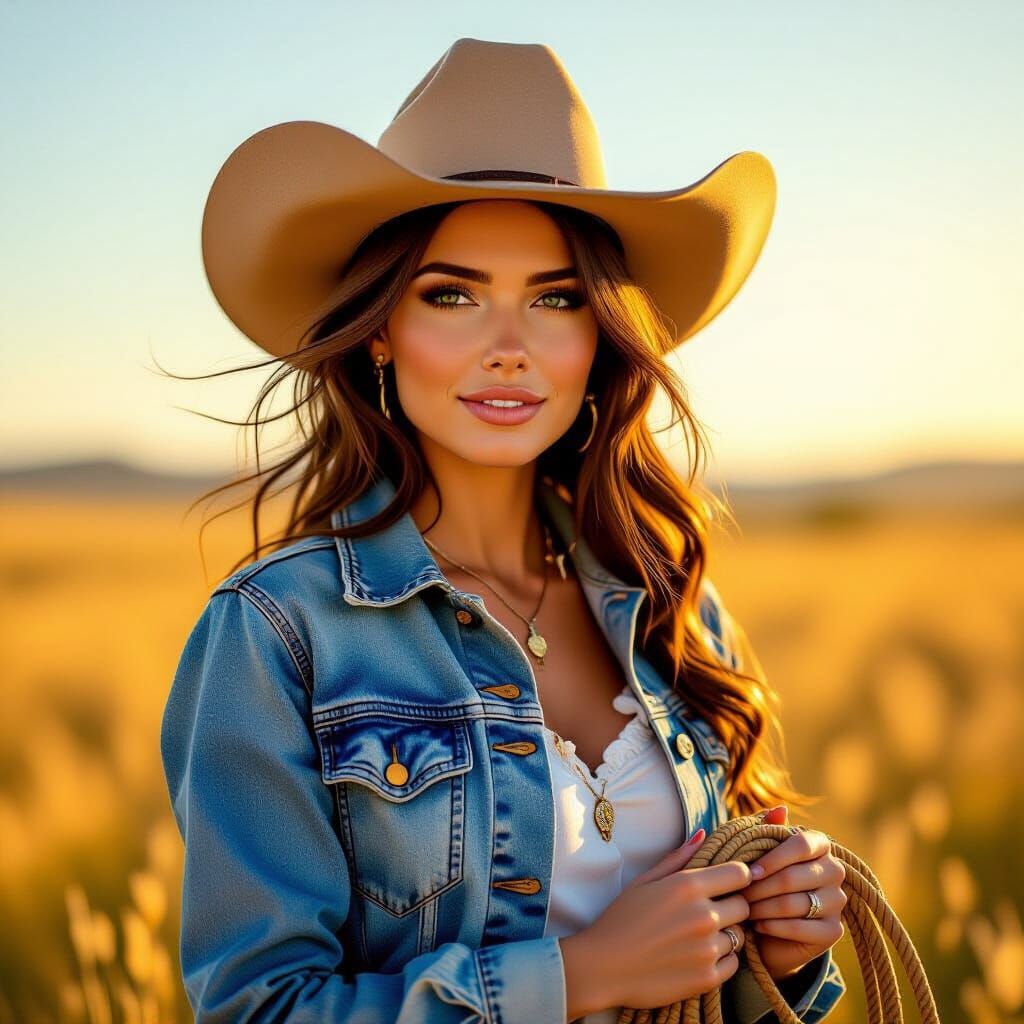 Cowgirl on Prairie in Traditional Western Art Style