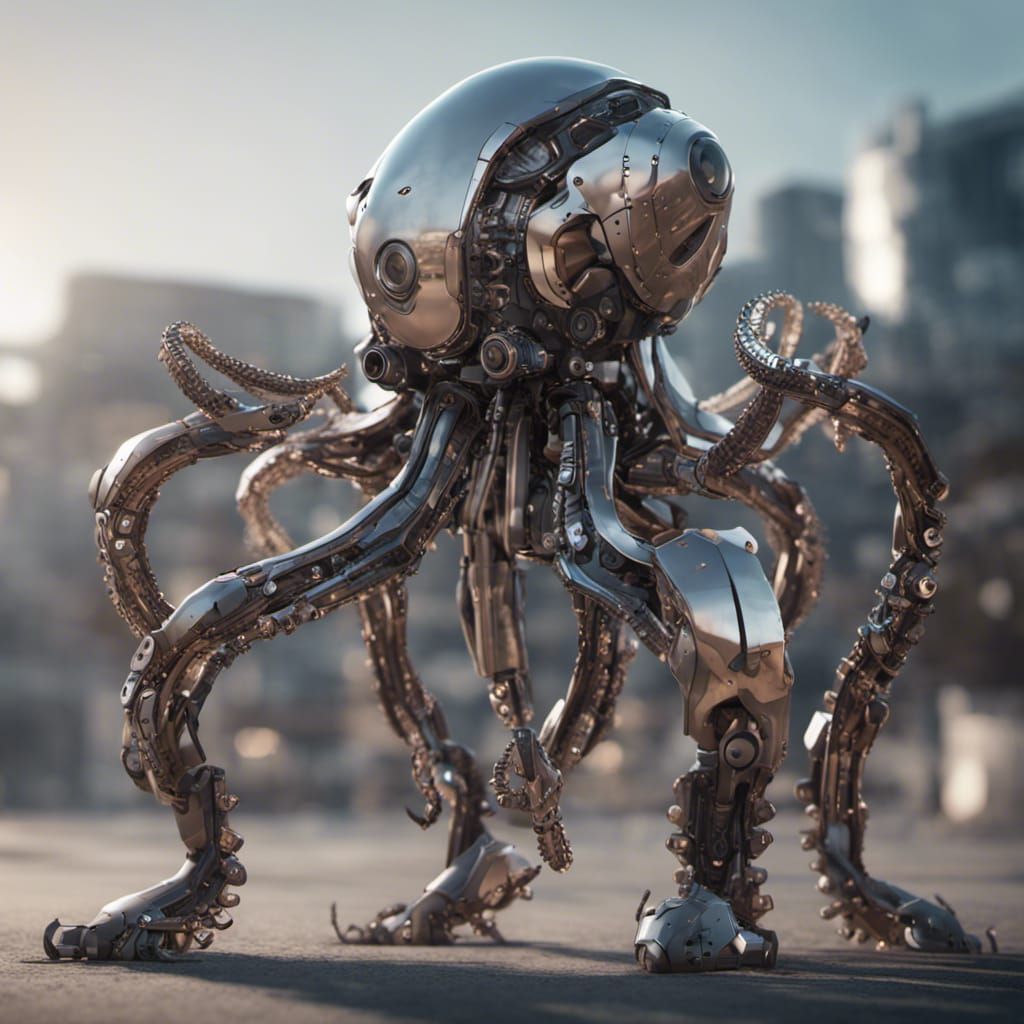 Futuristic Octopus Robot Holding Artifacts in Sci-Fi Style