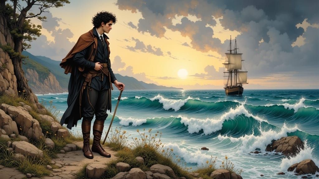 Lord Byron on Windswept Greek Island Shore