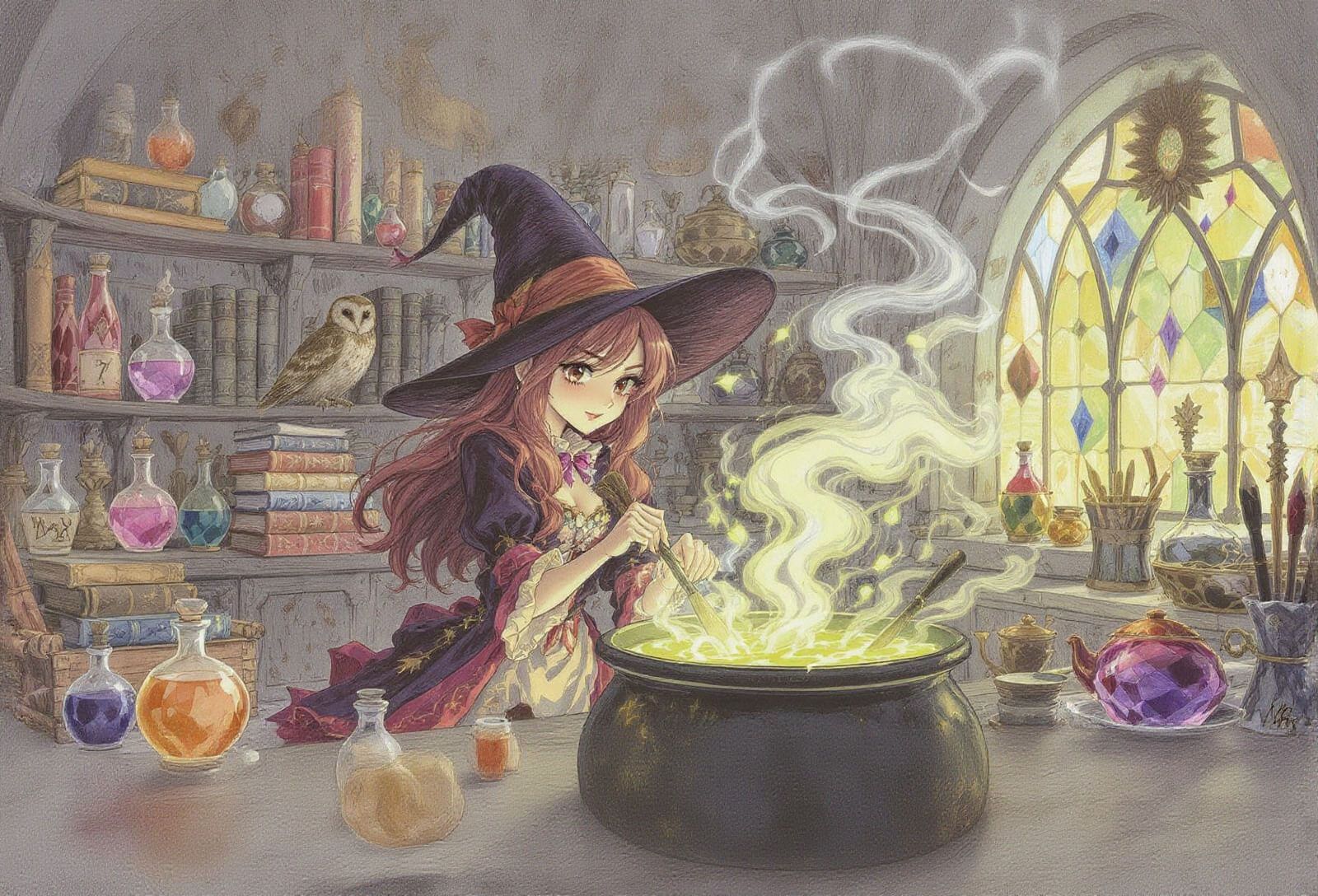 Charming Witch Brews Potion in Magic Shop