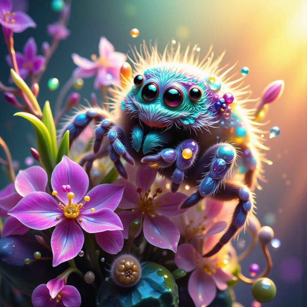 Cute Fluffy Kitten Spider on Flower in Rainbow Light