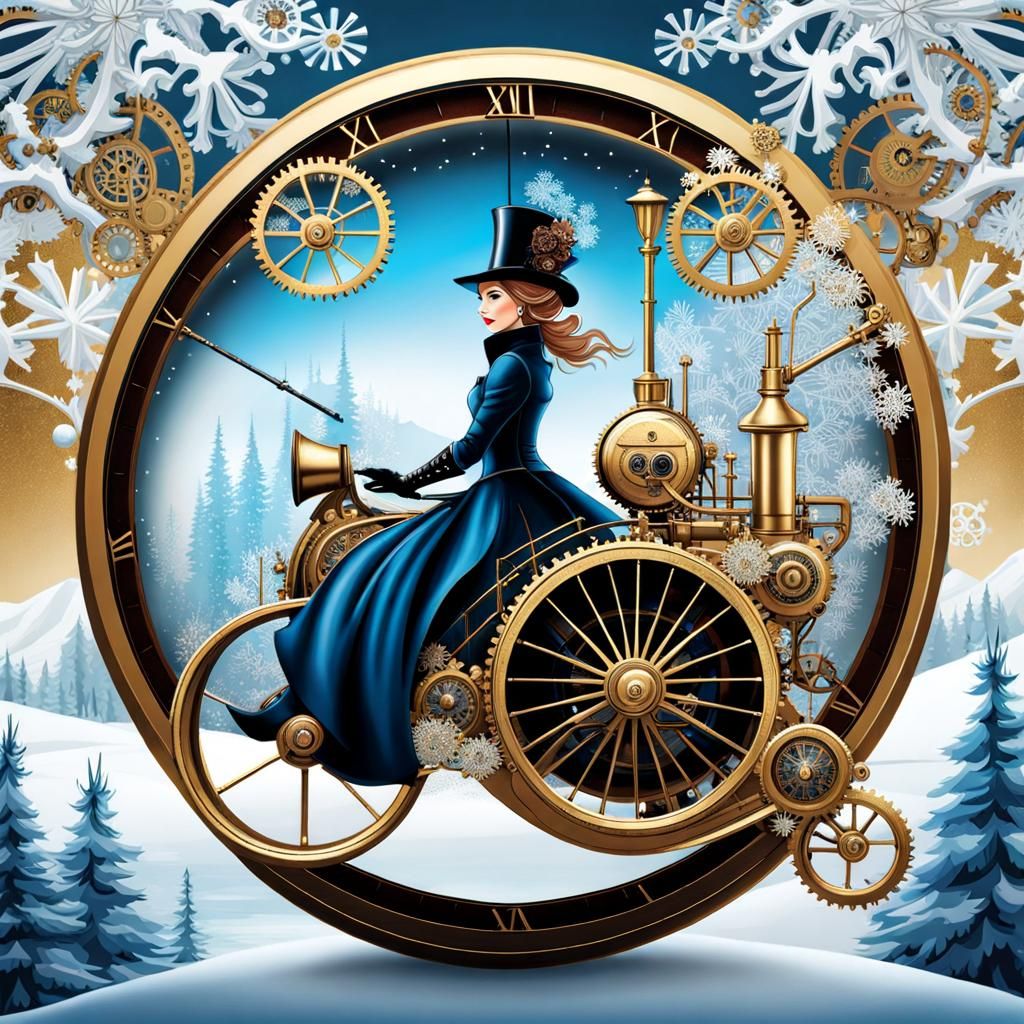 Steampunk Woman on Clockwork Penny-Farthing in Winter