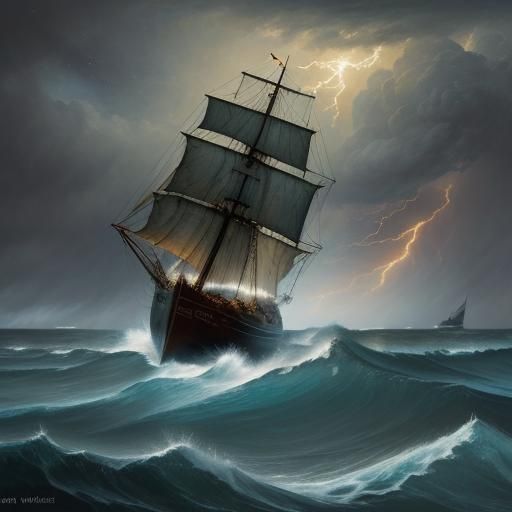 Ship on Stormy Sea: Classical Seascape Painting