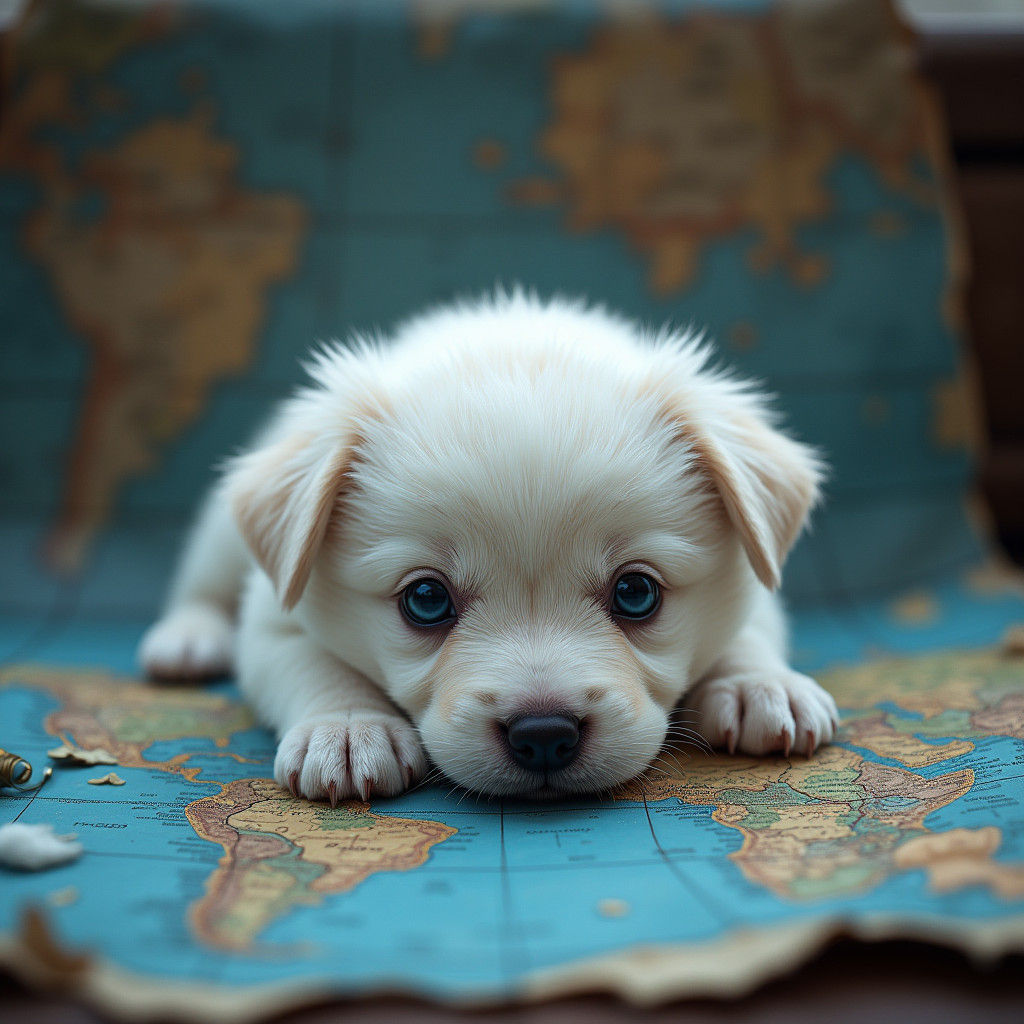 Puppy Explorer on a Vintage Map: Matte Painting Style