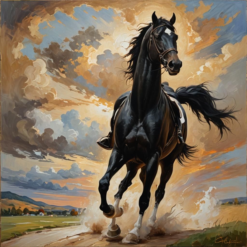 Equestrian Art: Black Horse in Impressionist Style