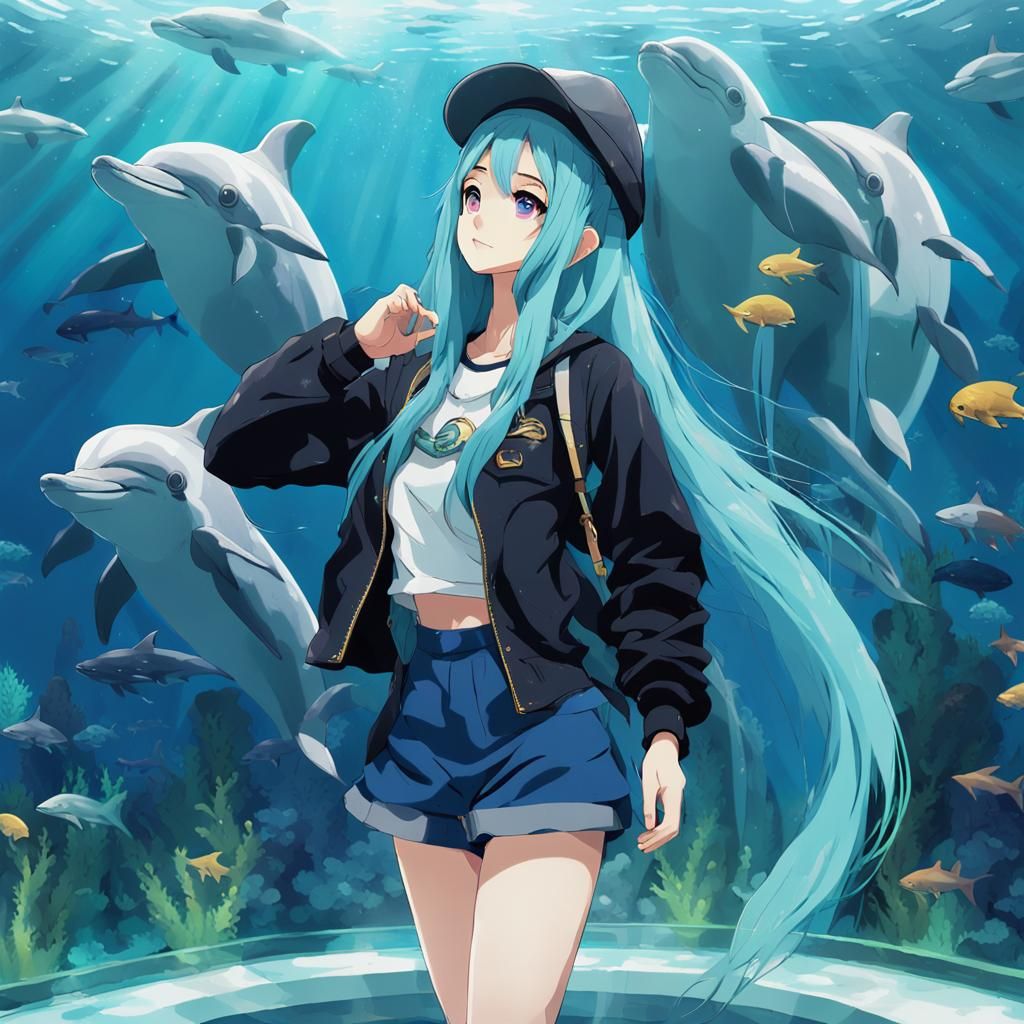 Beautiful anime woman at an aquarium...