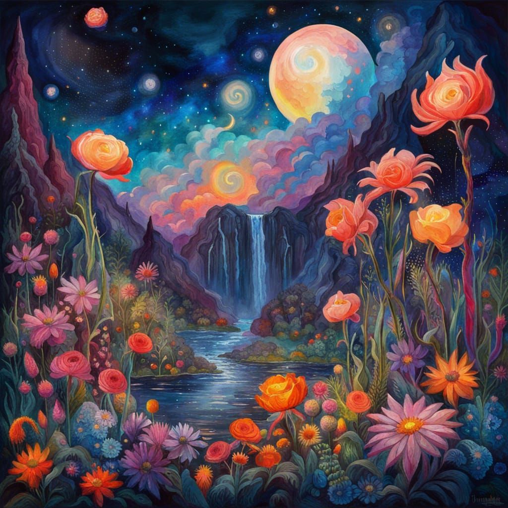 Cosmic Garden: Gothic Impressionist Gouache Painting