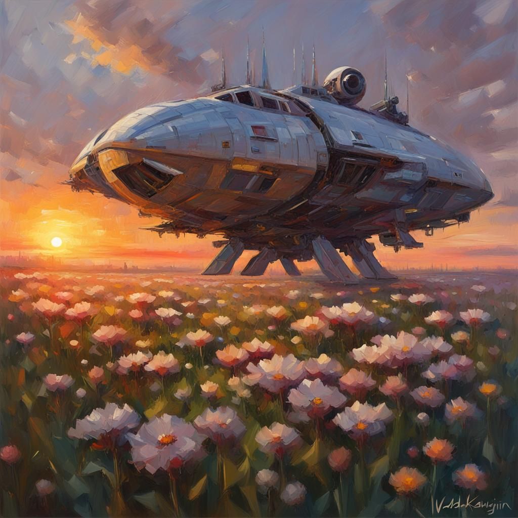 Spaceship in Flower Field at Sunset