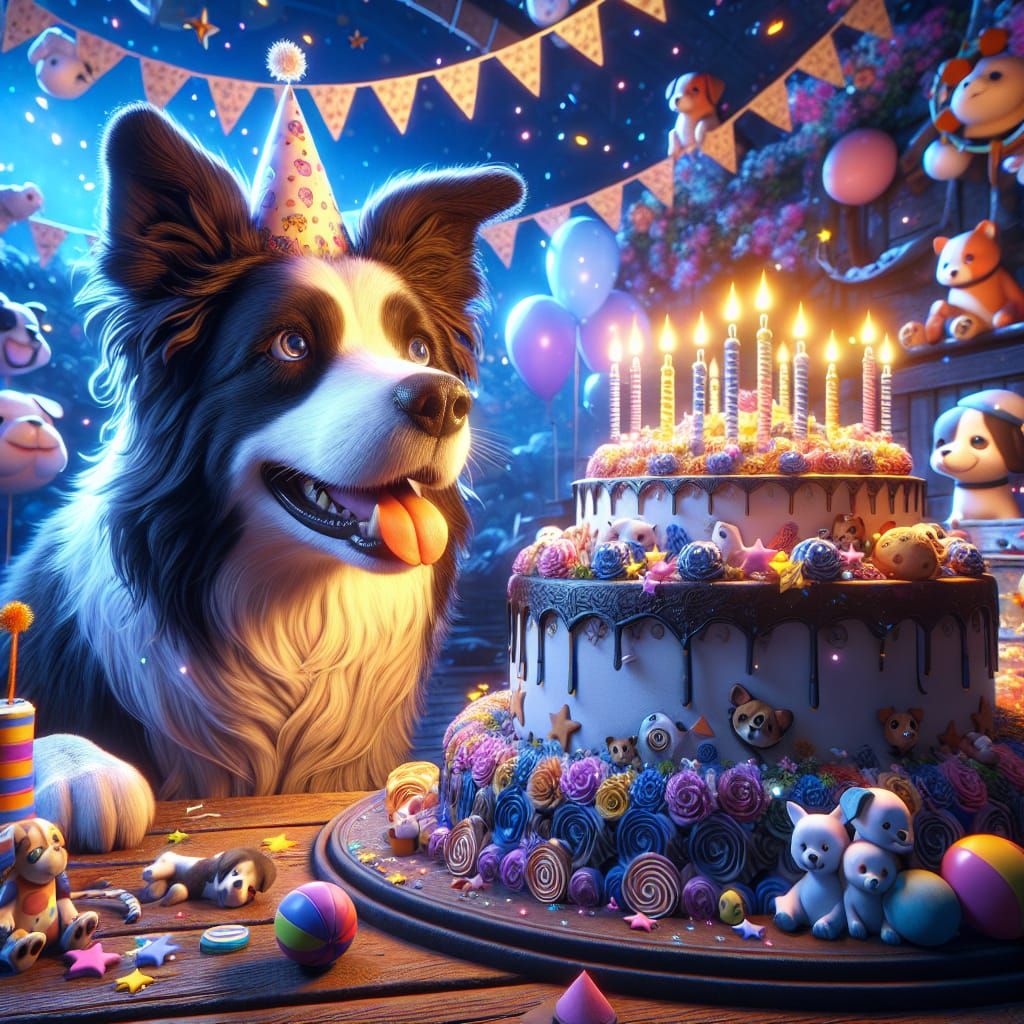 Border Collie's Fantasy Birthday Celebration in Matte Painti...