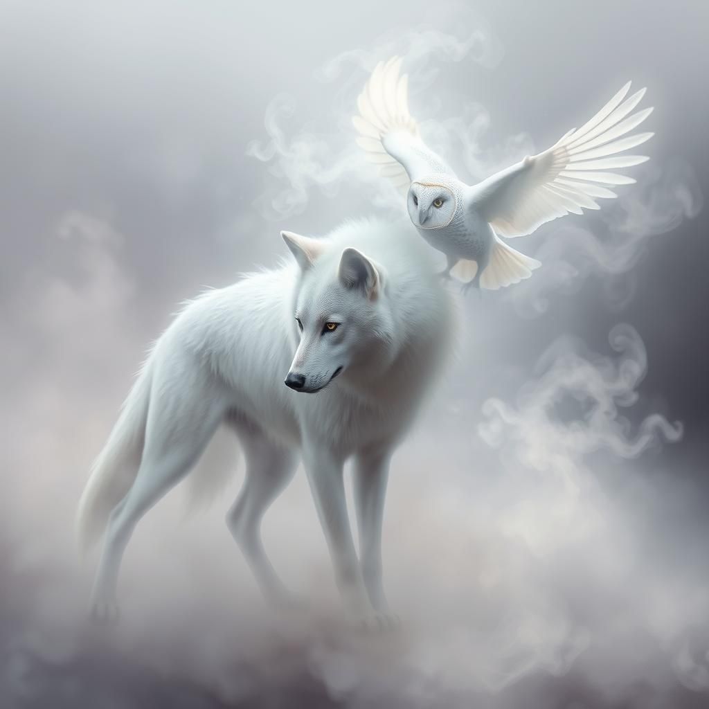 Ethereal Ghost Wolf and Owl in Misty Haze