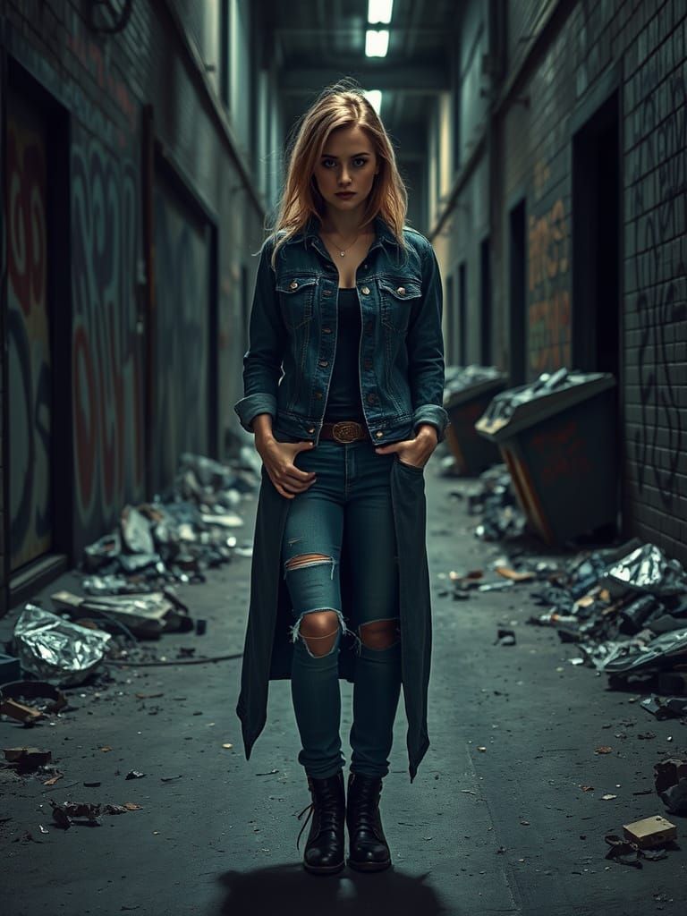 Dystopian Woman in Gritty Urban Alleyway