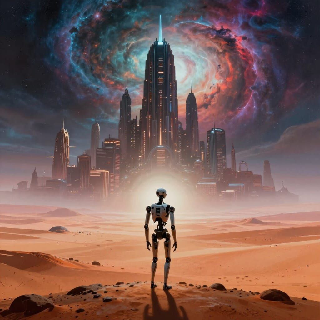 Android Gazing at Futuristic City on Alien Planet