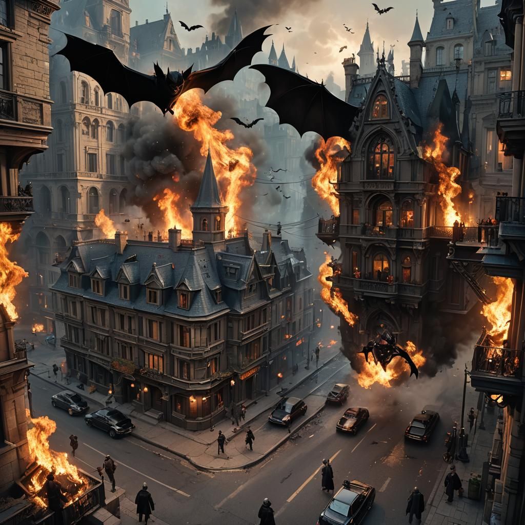 Burning Cityscape with Armed Figures in Dark Fantasy Style