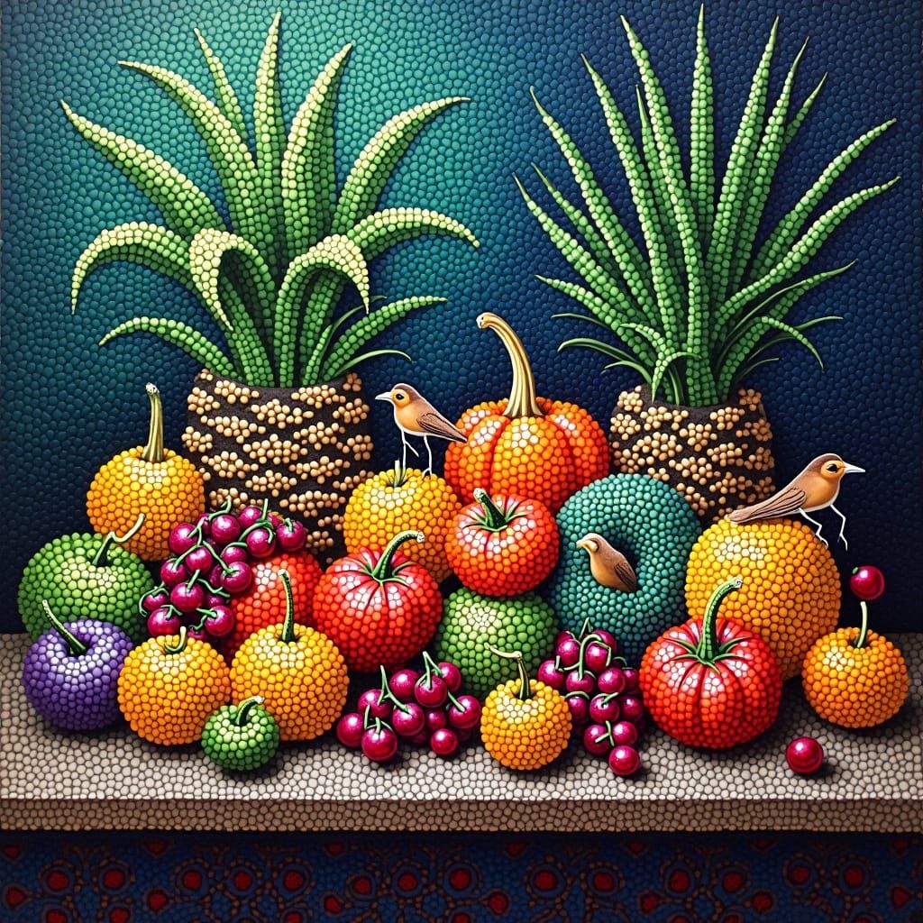 Pointillist Still Life with Vegetables and Animals