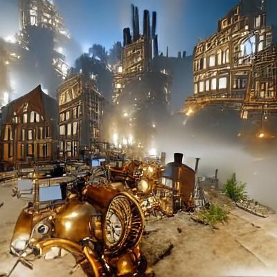 Steampunk Cityscape with Airships at Dusk