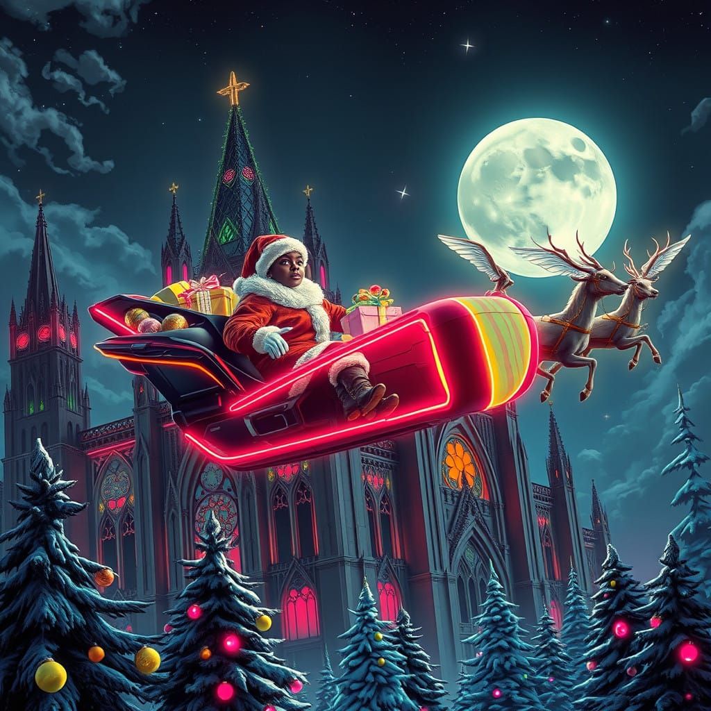 Cyberpunk Santa Claus Soars Through Moonlit Night Sky in Sle...