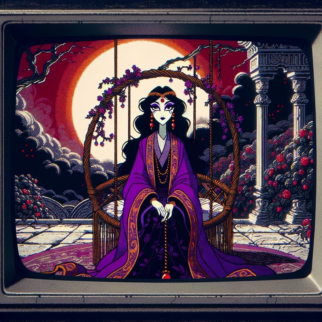 Sorceress on Swing Under Red Moon in Vintage Cartoon Style