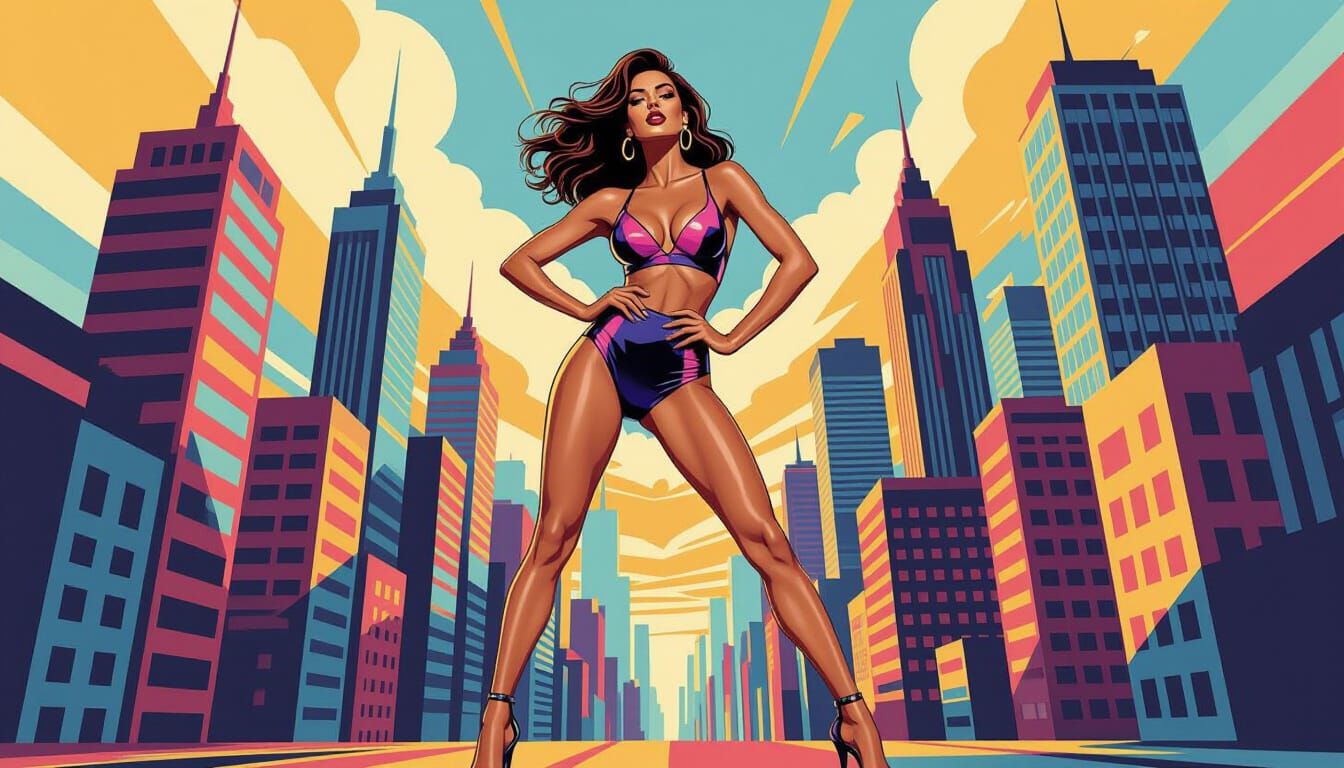 Playful Supermodel Poses on Abstract Cubist Cityscape