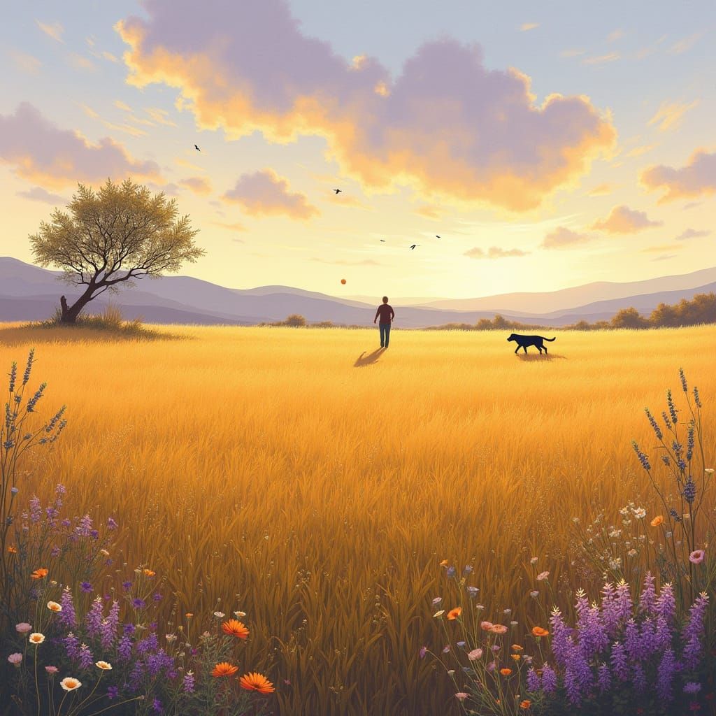 Impressionistic Field of Grass with Man and Dog at Sunset