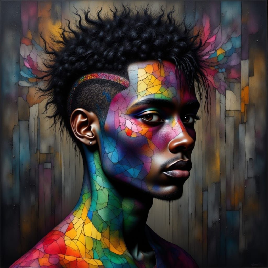 Dark Rainbow Geometric Portrait of African Goth Man