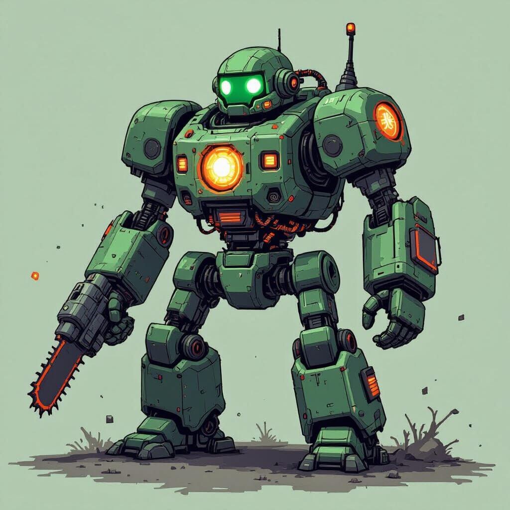 Retro Pixel Art Combat Robot in Atomic Era Style