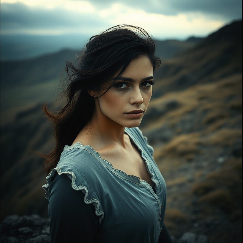 Mysterious Woman Stands at Edge of Rugged Landscape