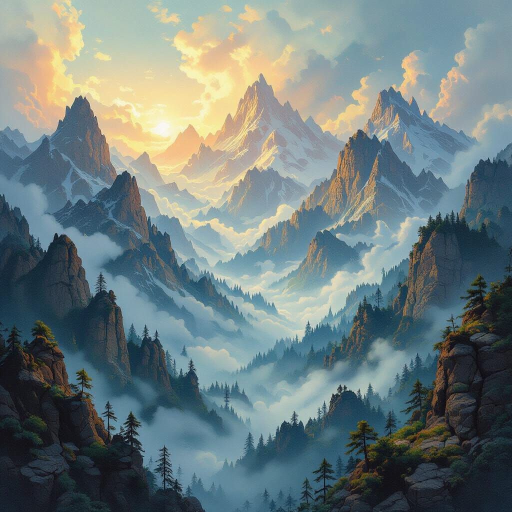Misty Mountains in Fluid Gouache Illustration Style