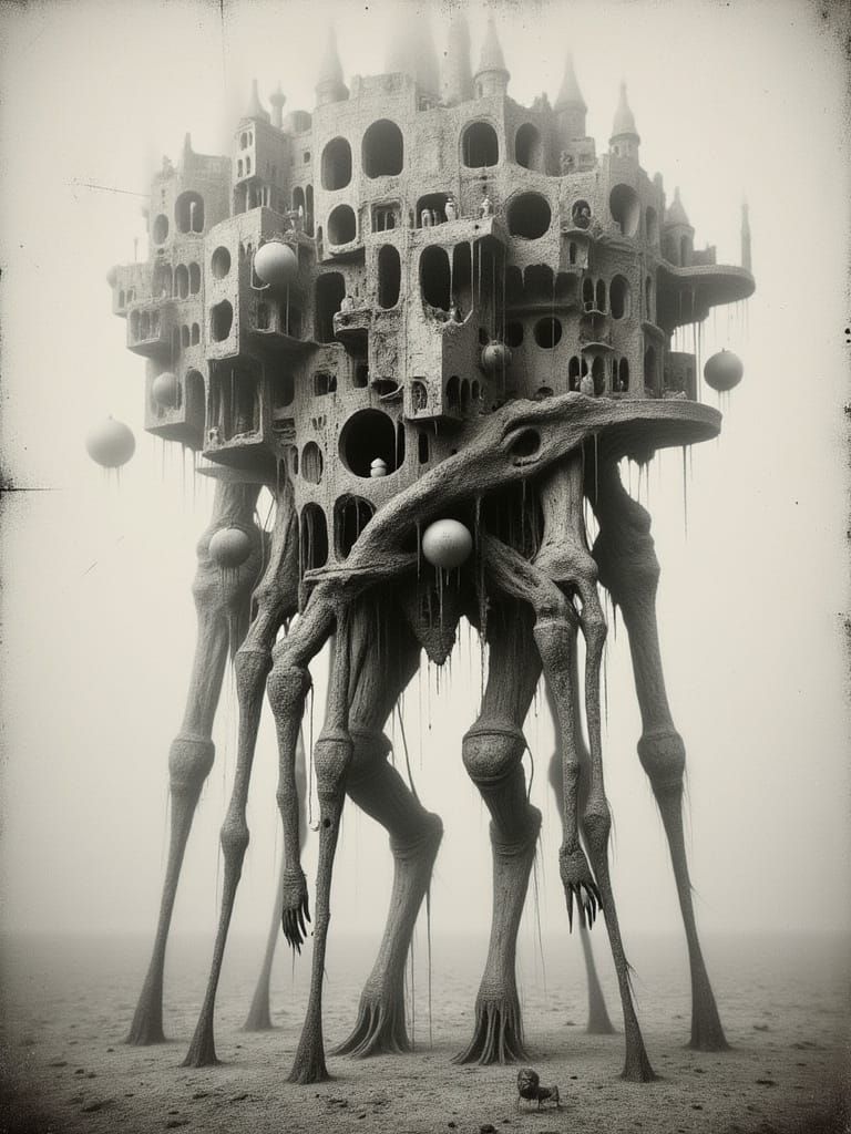 Giant Cracked Mechanical Creature in Atomic Age City