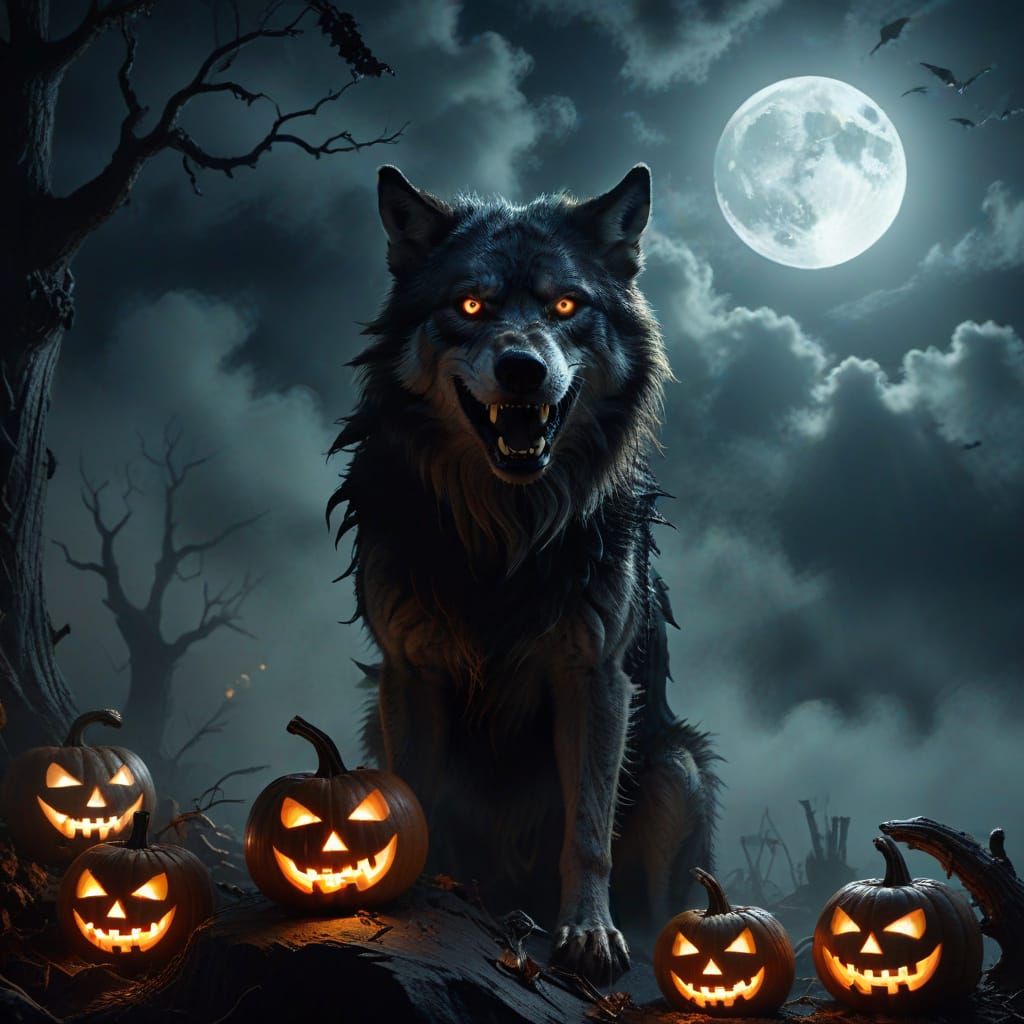 Gothic Pirate Wolf Howling Under Halloween Moon