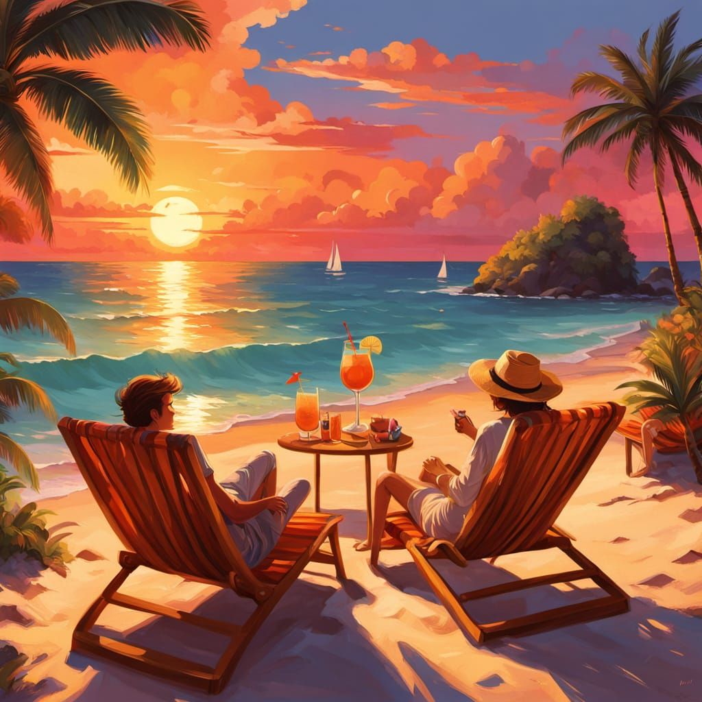 Beach Sunset: Couple Enjoying Cocktails in Oil Painting Styl...