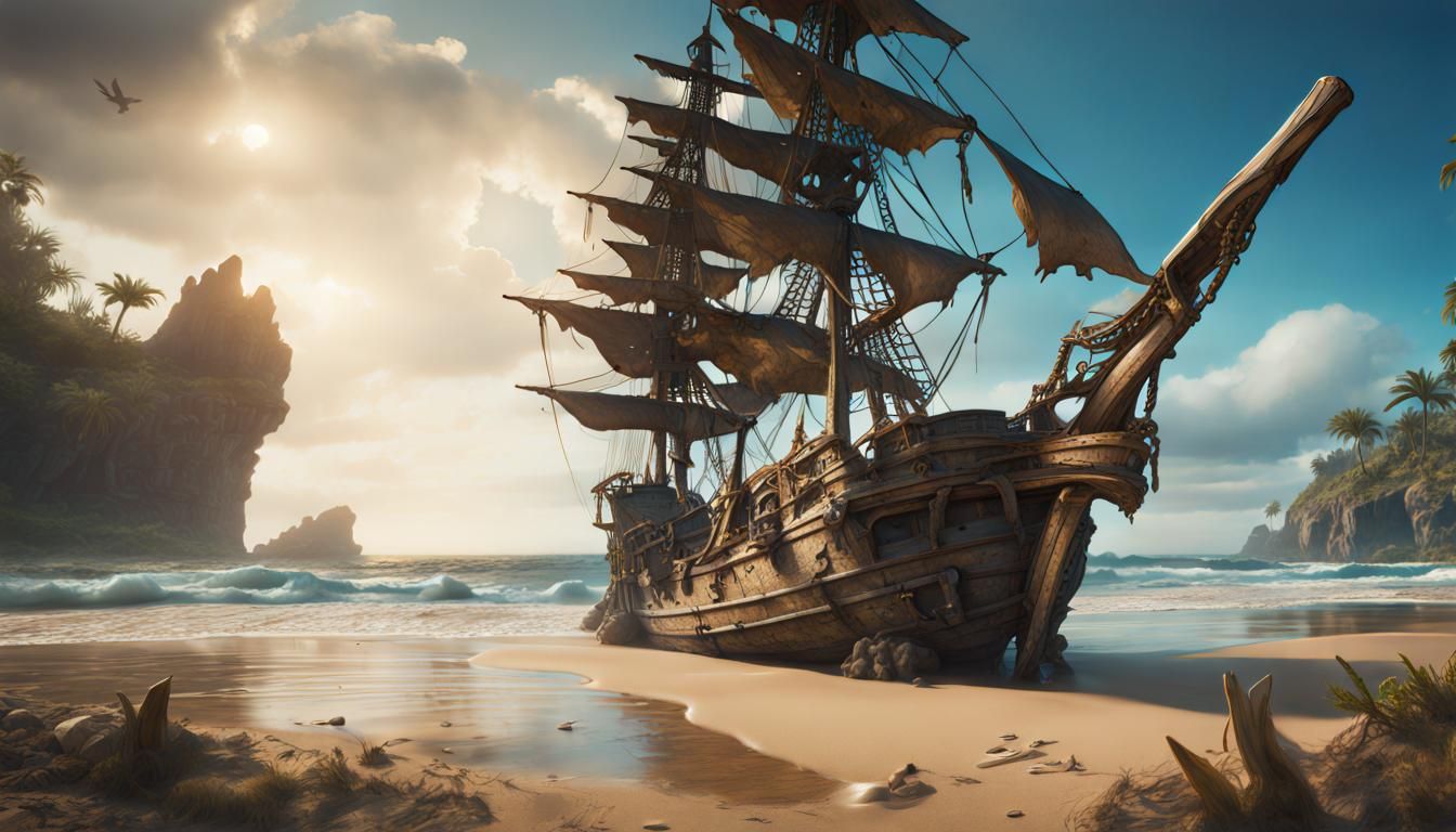 Pirate Treasure on Beach in Detailed Matte Painting
