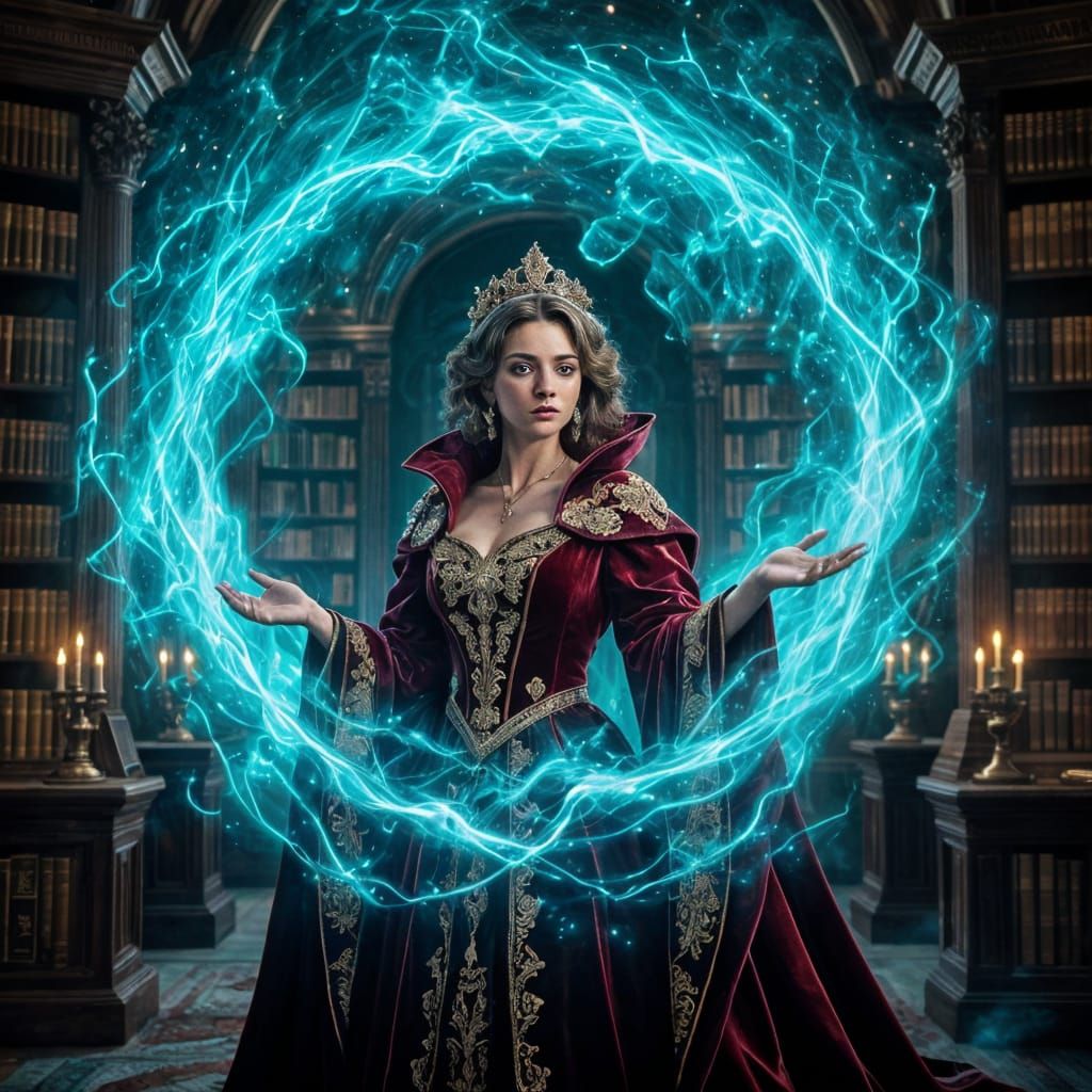 Noblewoman Casting Magic in Ancient Library