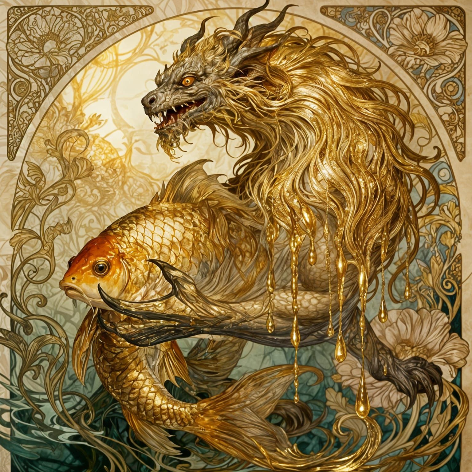 Art Nouveau Carp Monster with Golden Fur