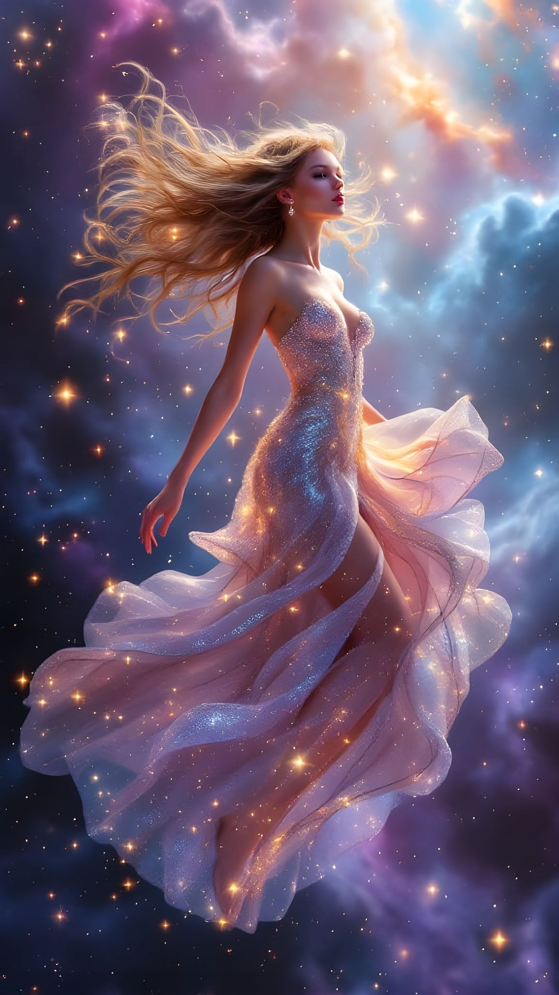 Taylor Swift in a Zero-Gravity Nebula, Shimmering in Glowing...