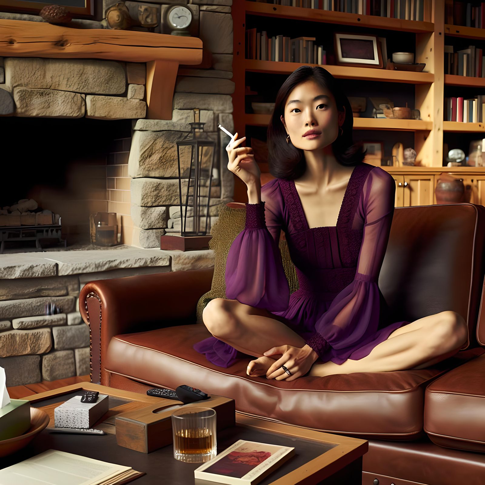 Woman in Purple Dress on Leather Couch