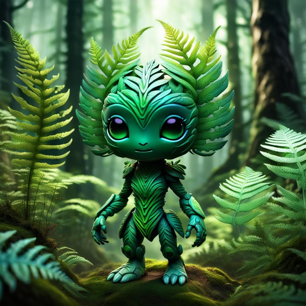 Chibi Fern Humanoid in Mystical Forest 3D Render