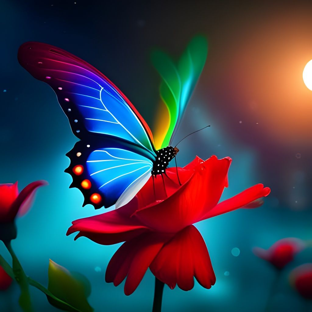 Rainbow Butterfly on Red Rose: Detailed Matte Painting
