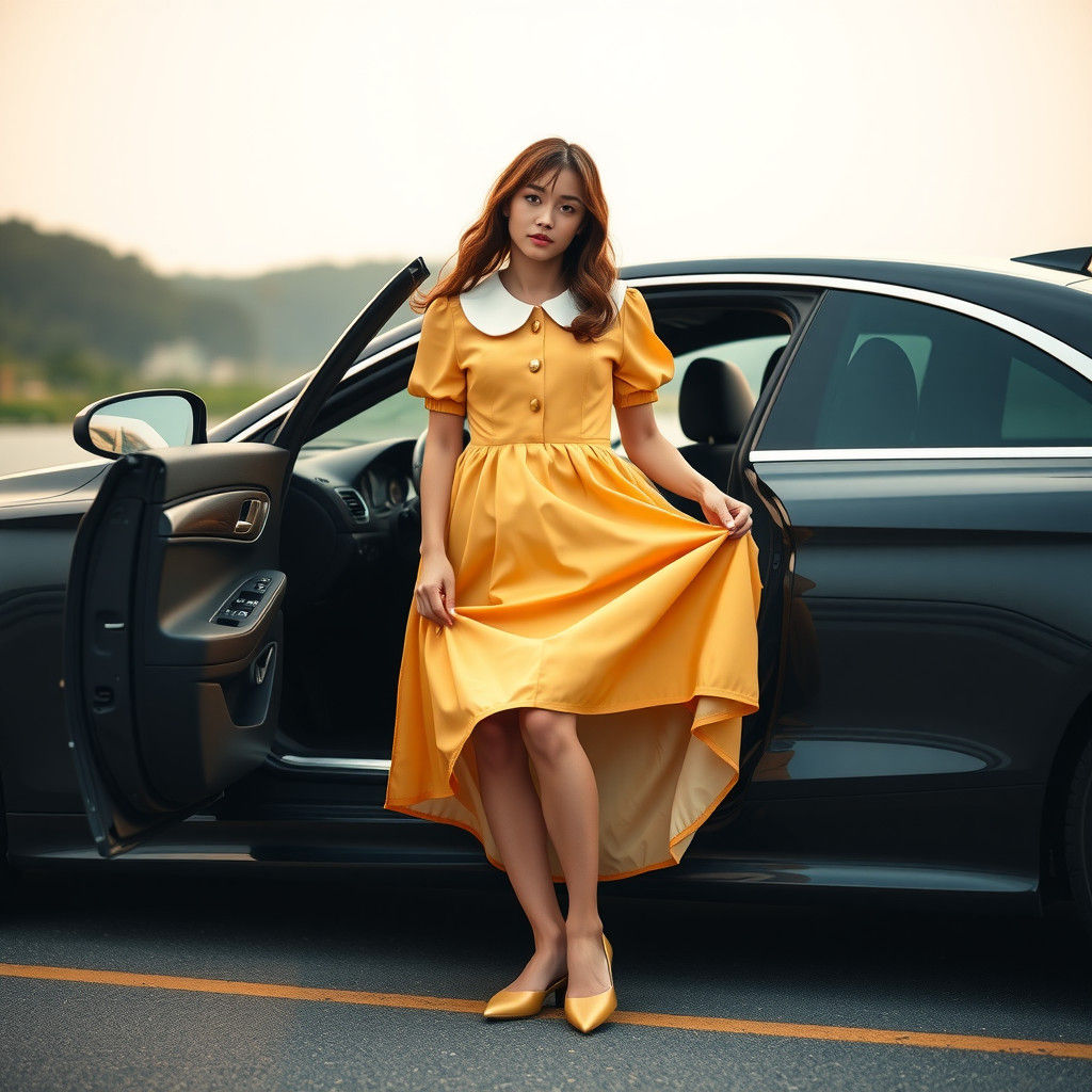 Cinematic Crossdresser Emerges from Car in Dramatic Lighting