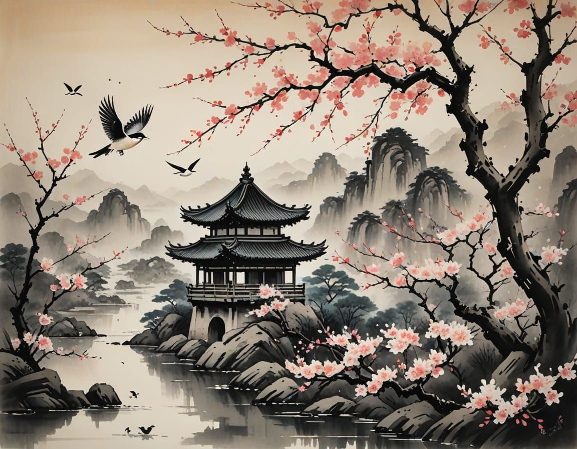 Sakura Birdhouse: Chinese Ink Painting